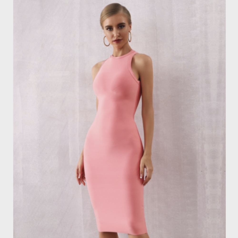 NEW! PINK PEACH CORAL HIGH NECK BANDAGE DRESS